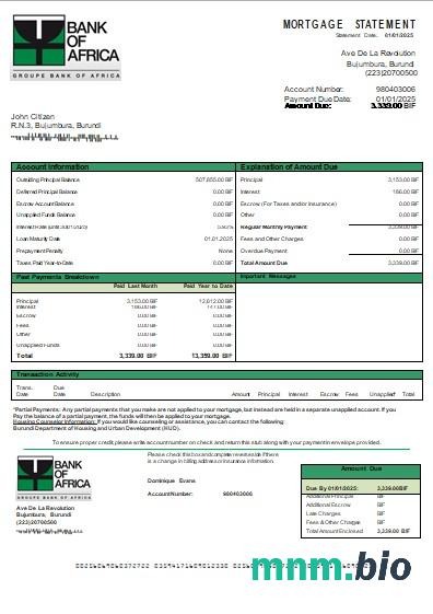 Burundi Bank of Africa wyciąg z kredytu hipotecznego szablon Word i PDF